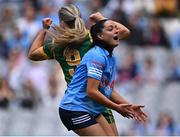 28 May 2022; Sinéad Goldrick of Dublin reacts as Orlagh Lally of Meath, 9, celebrates after scoring her side's first goal during the Leinster LGFA Senior Football Championship Final match between Meath and Dublin at Croke Park in Dublin. Photo by Piaras Ó Mídheach/Sportsfile
