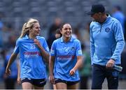 28 May 2022; Dublin manager Mick Bohan celebrates with his players Nicole Owens, left, and Sinéad Goldrick after their side's victory in the Leinster LGFA Senior Football Championship Final match between Meath and Dublin at Croke Park in Dublin. Photo by Piaras Ó Mídheach/Sportsfile