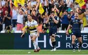 28 May 2022; Ihaia West of La Rochelle celebrates after scoring a conversion as Robbie Henshaw and Cian Healy of Leinster react during the Heineken Champions Cup Final match between Leinster and La Rochelle at Stade Velodrome in Marseille, France. Photo by Harry Murphy/Sportsfile