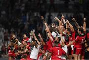 27 May 2022; Lyon captain Jordan Taufua lifts the trophy with teammates after his side's victory in the Heineken Challenge Cup Final match between Lyon and Toulon at Stade Velodrome in Marseille, France. Photo by Harry Murphy/Sportsfile