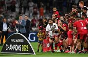 27 May 2022; Lyon captain Jordan Taufua lifts the trophy with teammates after his side's victory in the Heineken Challenge Cup Final match between Lyon and Toulon at Stade Velodrome in Marseille, France. Photo by Harry Murphy/Sportsfile