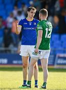 28 May 2022; Darren Gallagher of Longford, left, shakes hands with Aidan Breen of Fermanagh after his side's defeat in the Tailteann Cup Round 1 match between Longford and Fermanagh at Glennon Brothers Pearse Park in Longford. Photo by Sam Barnes/Sportsfile