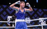 29 May 2022; James Dylan Eagleson of Ireland celebrates victory over Panev Daniel Asenov of Bulgaria after their Bantamweight Semi-Final bout during the EUBC Elite Men’s European Boxing Championships at Karen Demirchyan Sports and Concerts Complex in Yerevan, Armenia. Photo by Hrach Khachatryan/Sportsfile