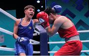 29 May 2022; James Dylan Eagleson of Ireland, left, in action against Panev Daniel Asenov of Bulgaria in their Bantamweight Semi-Final bout during the EUBC Elite Men’s European Boxing Championships at Karen Demirchyan Sports and Concerts Complex in Yerevan, Armenia. Photo by Hrach Khachatryan/Sportsfile