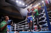 29 May 2022; James Dylan Eagleson of Ireland celebrates with his coaches after his Bantamweight Semi-Final bout against Panev Daniel Asenov of Bulgaria during the EUBC Elite Men’s European Boxing Championships at Karen Demirchyan Sports and Concerts Complex in Yerevan, Armenia. Photo by Hrach Khachatryan/Sportsfile