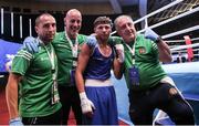 29 May 2022; James Dylan Eagleson of Ireland celebrates with his coaches after his Bantamweight Semi-Final bout against Panev Daniel Asenov of Bulgaria during the EUBC Elite Men’s European Boxing Championships at Karen Demirchyan Sports and Concerts Complex in Yerevan, Armenia. Photo by Hrach Khachatryan/Sportsfile
