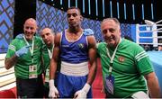 29 May 2022; Gabriel Dossen of Ireland with his coaches after their Middleweight Semi-Final bout against Salvatore Cavallaro of Italy during the EUBC Elite Men’s European Boxing Championships at Karen Demirchyan Sports and Concerts Complex in Yerevan, Armenia. Photo by Hrach Khachatryan/Sportsfile
