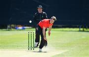 29 May 2022; Curtis Campher of Munster Reds bowling during the Cricket Ireland Inter-Provincial Trophy match between North West Warriors and Munster Reds at North Down Cricket Club in Comber, Down. Photo by George Tewkesbury/Sportsfile