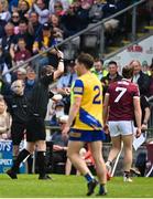 29 May 2022; Referee Joe McQuillan shows a black card to Kieran Molloy of Galway during the Connacht GAA Football Senior Championship Final match between Galway and Roscommon at Pearse Stadium in Galway. Photo by Sam Barnes/Sportsfile