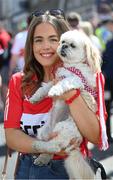 29 May 2022; Derry supporters Katie McCluskey and Penny before the Ulster GAA Football Senior Championship Final between Derry and Donegal at St Tiernach's Park in Clones, Monaghan. Photo by Stephen McCarthy/Sportsfile