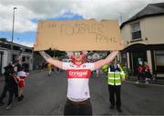 29 May 2022; A Derry supporter poses for a photograph before the Ulster GAA Football Senior Championship Final between Derry and Donegal at St Tiernach's Park in Clones, Monaghan. Photo by Stephen McCarthy/Sportsfile