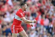 29 May 2022; Niall Loughlin of Derry celebrates after scoring his side's first goal during the Ulster GAA Football Senior Championship Final between Derry and Donegal at St Tiernach's Park in Clones, Monaghan. Photo by Ramsey Cardy/Sportsfile