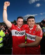 29 May 2022; Gareth McKinless, left, and Ben McCarron of Derry celebrate after the Ulster GAA Football Senior Championship Final between Derry and Donegal at St Tiernach's Park in Clones, Monaghan. Photo by Stephen McCarthy/Sportsfile