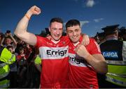 29 May 2022; Gareth McKinless, left, and Ben McCarron of Derry celebrate after the Ulster GAA Football Senior Championship Final between Derry and Donegal at St Tiernach's Park in Clones, Monaghan. Photo by Stephen McCarthy/Sportsfile
