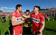 29 May 2022; Christopher McKaigue, left, and Conor McCluskey of Derry after the Ulster GAA Football Senior Championship Final between Derry and Donegal at St Tiernach's Park in Clones, Monaghan. Photo by Ramsey Cardy/Sportsfile