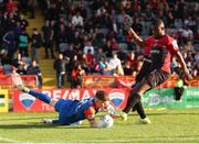 27 May 2022; Drogheda United goalkeeper Sam Long makes a save from Junior Ogedi-Uzokwe of Bohemians during the SSE Airtricity League Premier Division match between Bohemians and Drogheda United at Dalymount Park in Dublin. Photo by Michael P Ryan/Sportsfile