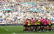 28 May 2022; Leinster players huddle before the Heineken Champions Cup Final match between Leinster and La Rochelle at Stade Velodrome in Marseille, France. Photo by Harry Murphy/Sportsfile