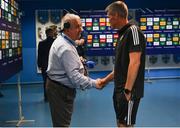 28 May 2022; La Rochelle head coach Ronan O'Gara shakes hands with RTÉ commentator Michael Corcoran before the Heineken Champions Cup Final match between Leinster and La Rochelle at Stade Velodrome in Marseille, France. Photo by Harry Murphy/Sportsfile