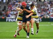 28 May 2022; Josh van der Flier of Leinster is tackled by Ihaia West, left, and Thomas Berjon of La Rochelle during the Heineken Champions Cup Final match between Leinster and La Rochelle at Stade Velodrome in Marseille, France. Photo by Harry Murphy/Sportsfile