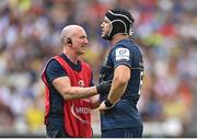 28 May 2022; Caelan Doris of Leinster is treated for an injury by Leinster head physiotherapist Garreth Farrell during the Heineken Champions Cup Final match between Leinster and La Rochelle at Stade Velodrome in Marseille, France. Photo by Ramsey Cardy/Sportsfile