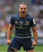 28 May 2022; James Lowe of Leinster celebrates his side winning a penalty during the Heineken Champions Cup Final match between Leinster and La Rochelle at Stade Velodrome in Marseille, France. Photo by Ramsey Cardy/Sportsfile