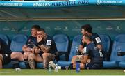 28 May 2022; Leinster players, from left, Tadhg Furlong, Andrew Porter, Caelan Doris and Jamison Gibson-Park watch on in the final moments of the Heineken Champions Cup Final match between Leinster and La Rochelle at Stade Velodrome in Marseille, France. Photo by Ramsey Cardy/Sportsfile