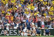 28 May 2022; La Rochelle supporters celebrate a try during the Heineken Champions Cup Final match between Leinster and La Rochelle at Stade Velodrome in Marseille, France. Photo by Ramsey Cardy/Sportsfile