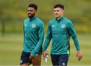30 May 2022; John Egan, right, and Cyrus Christie during a Republic of Ireland training session at the FAI National Training Centre in Abbotstown, Dublin. Photo by Stephen McCarthy/Sportsfile
