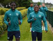 30 May 2022; Festy Ebosele, left, and Michael Obafemi arrive for a Republic of Ireland training session at the FAI National Training Centre in Abbotstown, Dublin. Photo by Stephen McCarthy/Sportsfile