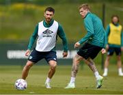 30 May 2022; Scott Hogan, left, and James McClean during a Republic of Ireland training session at the FAI National Training Centre in Abbotstown, Dublin. Photo by Stephen McCarthy/Sportsfile