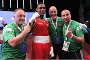 30 May 2022; Gabriel Dossen of Ireland celebrates with his coaches, from left to right, Zaur Antia, Damian Kennedy and Dmitri Dmitruk after his victory over Lewis Richardson of England in their Middleweight Final bout during the EUBC Elite Men’s European Boxing Championships at Karen Demirchyan Sports and Concerts Complex in Yerevan, Armenia. Photo by Hrach Khachatryan/Sportsfile