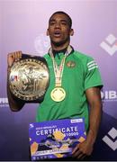 30 May 2022; Gabriel Dossen of Ireland, celebrates with his gold medal and belt, after his victory over Lewis Richardson of England in their Middleweight Final bout during the EUBC Elite Men’s European Boxing Championships at Karen Demirchyan Sports and Concerts Complex in Yerevan, Armenia. Photo by Hrach Khachatryan/Sportsfile