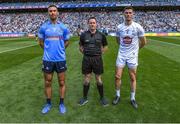 28 May 2022; Referee Paddy Neilan with team captains James McCarthy of Dublin and Mick O'Grady of Kildare before the Leinster GAA Football Senior Championship Final match between Dublin and Kildare at Croke Park in Dublin. Photo by Piaras Ó Mídheach/Sportsfile