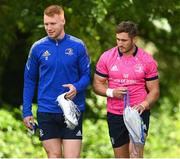 31 May 2022; Ciarán Frawley and Jordan Larmour during Leinster Rugby squad training session at UCD in Dublin. Photo by Harry Murphy/Sportsfile