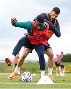 31 May 2022; Chiedozie Ogbene, left, and Troy Parrott during a Republic of Ireland training session at FAI National Training Centre in Abbotstown, Dublin. Photo by Stephen McCarthy/Sportsfile