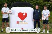 31 May 2022; Manager Stephen Kenny, centre, with Republic of Ireland internationals Shane Duffy, left, and Seamus Coleman during the Launch of the FAI Defibrillator programme at FAI Headquarters in Abbotstown in Dublin. Photo by Stephen McCarthy/Sportsfile
