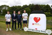 31 May 2022; In attendance at the launch of the FAI Defibrillator programme at FAI Headquarters in Dublin, are, from left, Seamus Coleman, Jack Chambers TD, Minister of State for Sport and the Gaeltacht, Manager Stephen Kenny, and Shane Duffy. Photo by Stephen McCarthy/Sportsfile