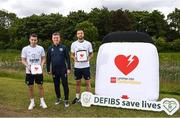 31 May 2022; Manager Stephen Kenny, centre, with Republic of Ireland internationals Seamus Coleman, left, and Shane Duffy during the Launch of the FAI Defibrillator programme at FAI Headquarters in Abbotstown in Dublin. Photo by Stephen McCarthy/Sportsfile