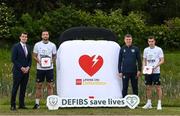 31 May 2022; In attendance at the launch of the FAI Defibrillator programme at FAI Headquarters in Dublin, are, from left, Jack Chambers TD, Minister of State for Sport and the Gaeltacht, Shane Duffy, Manager Stephen Kenny, and Seamus Coleman Photo by Stephen McCarthy/Sportsfile