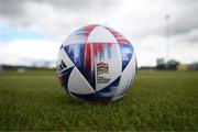 31 May 2022; A detailed view of the UEFA Nations League matchball during a a Republic of Ireland press conference at FAI National Training Centre in Abbotstown, Dublin. Photo by Stephen McCarthy/Sportsfile