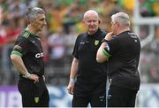 29 May 2022; Donegal manager Declan Bonner, centre, with coaches Paddy Campbell, left, and Stephen Rochford before the Ulster GAA Football Senior Championship Final between Derry and Donegal at St Tiernach's Park in Clones, Monaghan. Photo by Ramsey Cardy/Sportsfile
