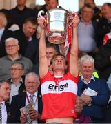 29 May 2022; Anton Tohill of Derry lifts the Anglo Celt Cup after the Ulster GAA Football Senior Championship Final between Derry and Donegal at St Tiernach's Park in Clones, Monaghan. Photo by Stephen McCarthy/Sportsfile