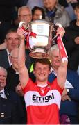 29 May 2022; Brendan Rogers of Derry lifts the Anglo Celt Cup after the Ulster GAA Football Senior Championship Final between Derry and Donegal at St Tiernach's Park in Clones, Monaghan. Photo by Stephen McCarthy/Sportsfile