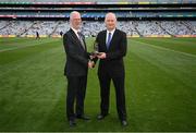 28 May 2022; Hugh Kenny, right, is presented with a Leinster GAA Football Hall of Fame award by Leinster GAA Chairman Pat Teehan during the Leinster GAA Football Senior Championship Final match between Dublin and Kildare at Croke Park in Dublin. Photo by Stephen McCarthy/Sportsfile
