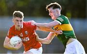 1 June 2022; Mark Kelleher of Cork in action against Jack O'Sullivan of Kerry during the Electric Ireland Munster GAA Minor Football Championship Final match between Kerry and Cork at Páirc Uí Rinn in Cork. Photo by Piaras Ó Mídheach/Sportsfile