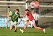 1 June 2022; Fionn Murphy of Kerry in action against Colin Molloy of Cork during the Electric Ireland Munster GAA Minor Football Championship Final match between Kerry and Cork at Páirc Uí Rinn in Cork. Photo by George Tewkesbury/Sportsfile