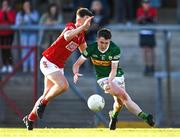 1 June 2022; Cormac Dillon of Kerry in action against Gearoid Daly of Cork during the Electric Ireland Munster GAA Minor Football Championship Final match between Kerry and Cork at Páirc Uí Rinn in Cork. Photo by Piaras Ó Mídheach/Sportsfile