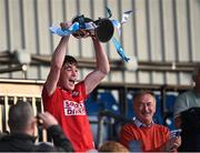 1 June 2022; Cork captain Colm Gillespie lifts the cup after his side's victory in the Electric Ireland Munster GAA Minor Football Championship Final match between Kerry and Cork at Páirc Uí Rinn in Cork. Photo by Piaras Ó Mídheach/Sportsfile