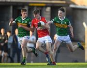 1 June 2022; Alan O’Connell of Cork in action against Fionn Murphy of Kerry and Jack O'Sullivan of Kerry during the Electric Ireland Munster GAA Minor Football Championship Final match between Kerry and Cork at Páirc Uí Rinn in Cork. Photo by George Tewkesbury/Sportsfile