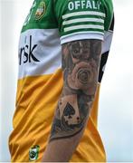 29 May 2022; A detailed view of tattoos on Jack McEvoy of Offaly during the Tailteann Cup Round 1 match between Offaly and Wicklow at O'Connor Park in Tullamore, Offaly. Photo by Harry Murphy/Sportsfile